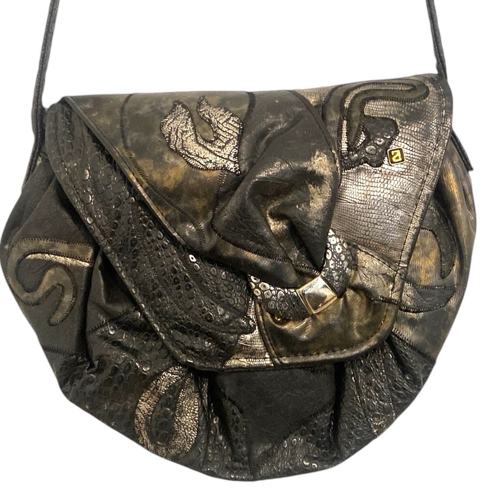 Nas Bag Vintage Patchwork Black Gold Silver Metallic Crossbody Handbag